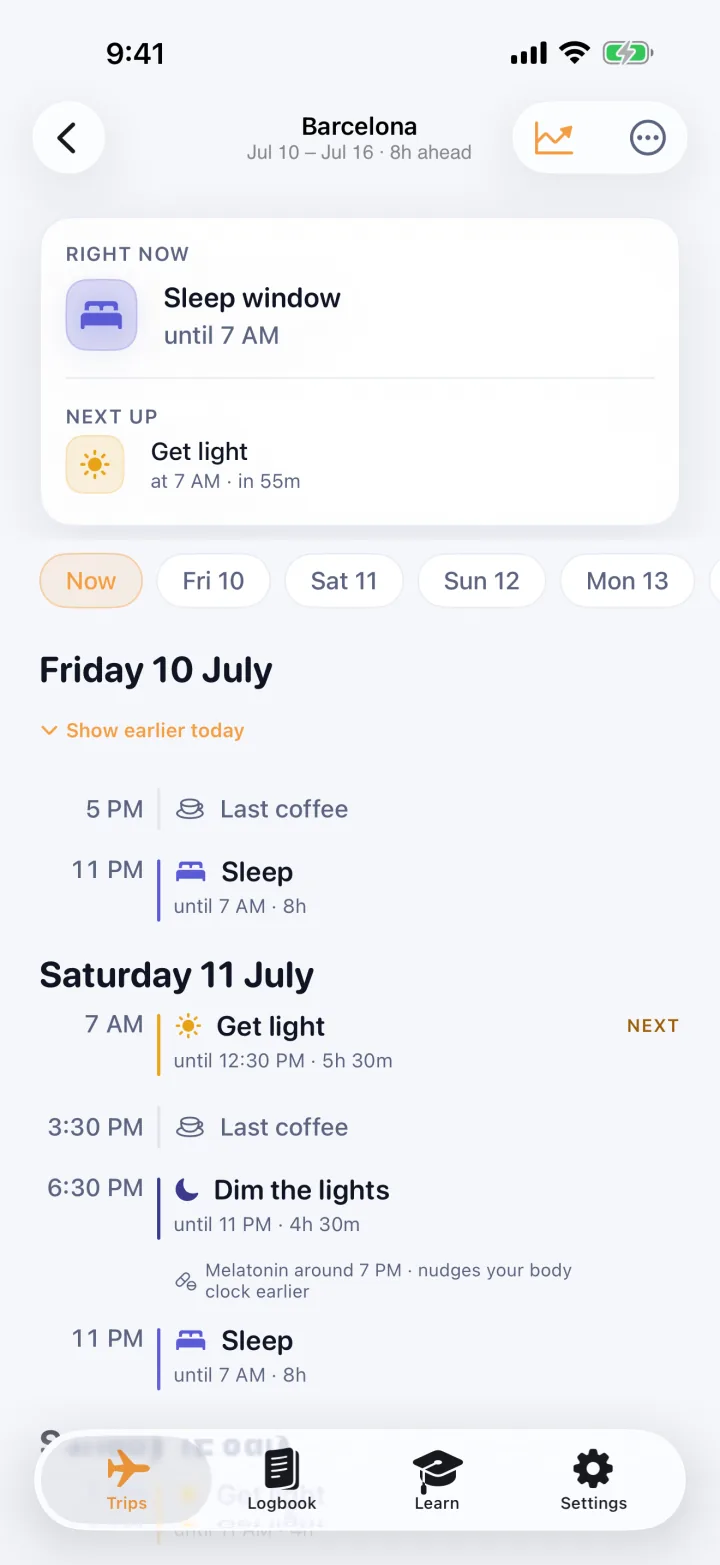The now and next screen: a Right Now card reading Sleep window until 7 AM, a Next Up card reading Get light at 7 AM, and the day-by-day plan below.